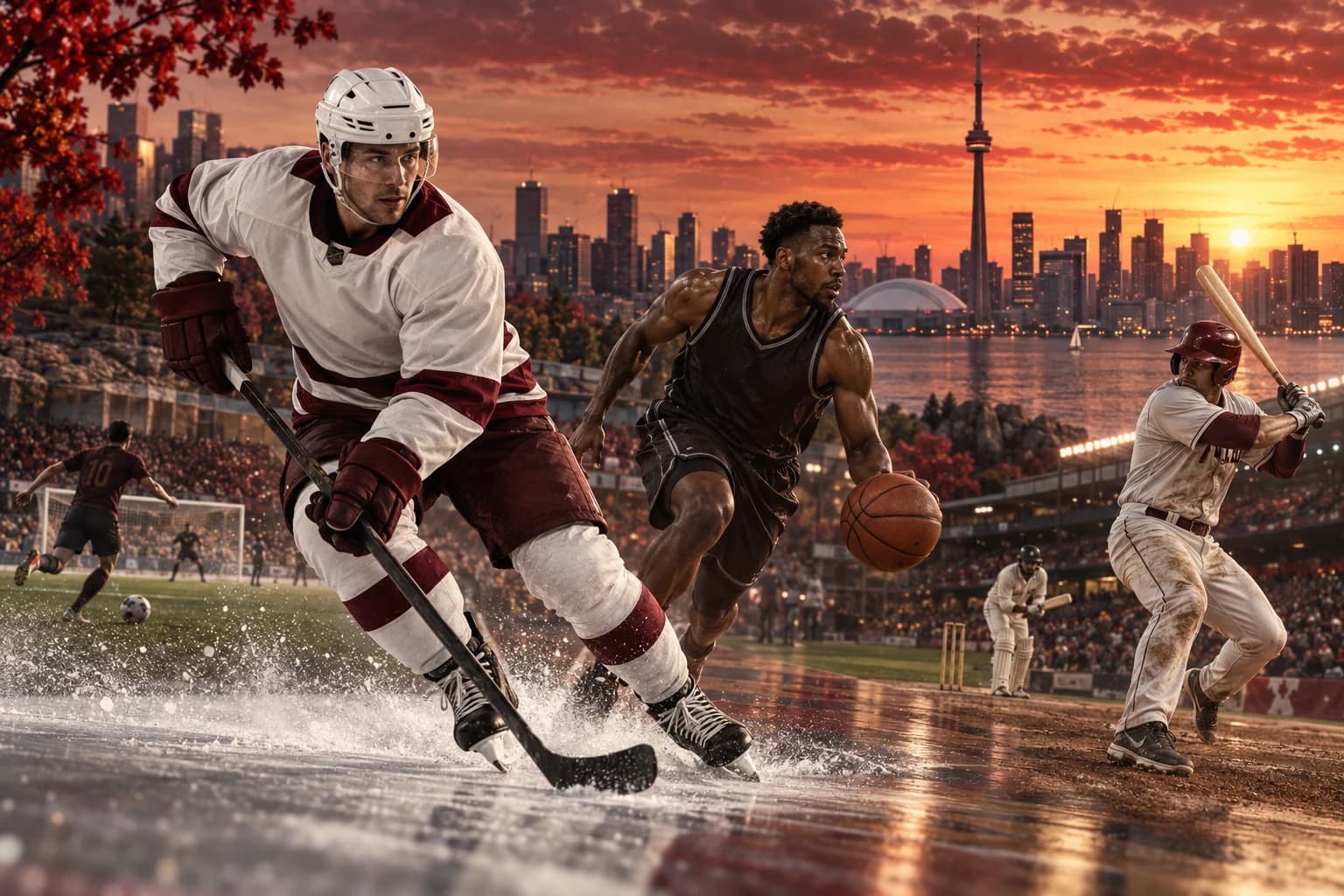 Original Toronto skyline illustration with hockey, basketball and baseball athletes